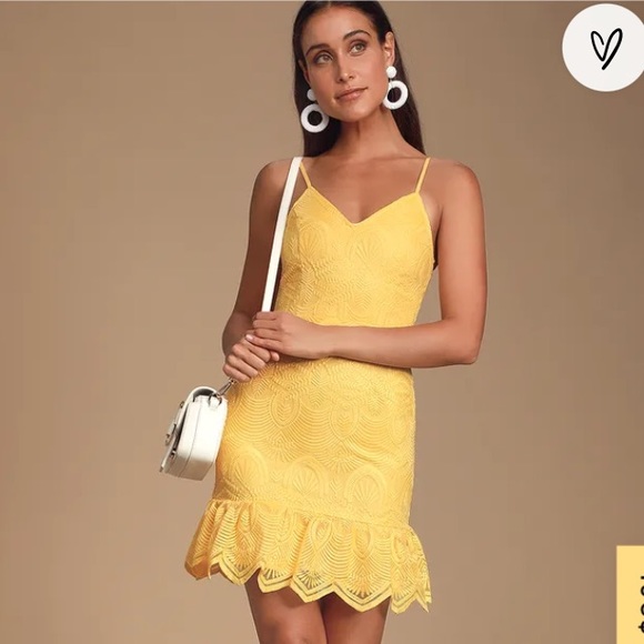 For sale ! Lulus Yellow Embroidered Spaghetti Strap Lace Knee Length Dress - Picture 2 of 4